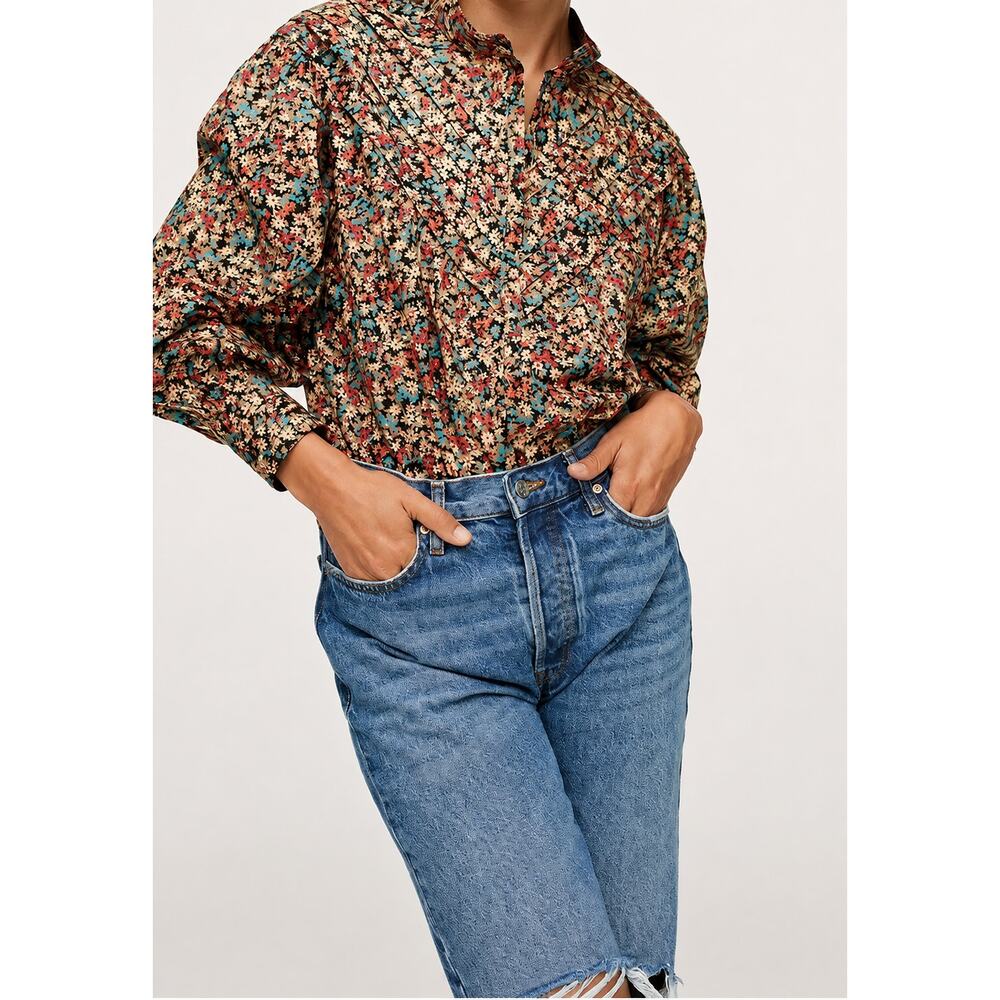 Mango Floral Pintuck Blouse Long Sleeve Multicolor Size US 8 / EU L